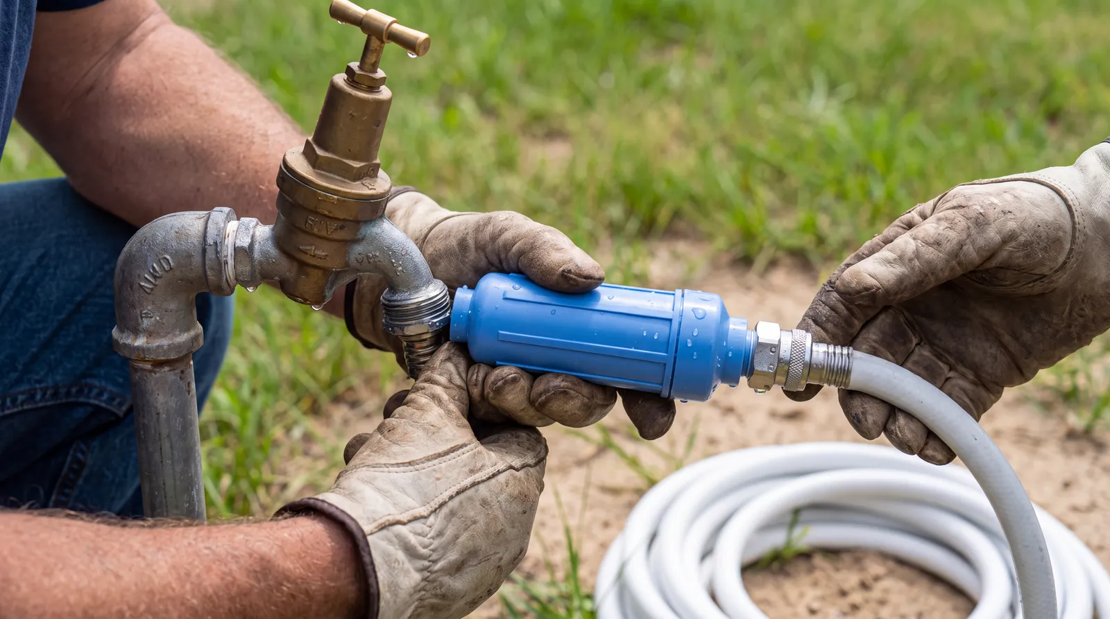 Hands fitting a blue inline water filter cartridge between a campground spigot and a white RV drinking water hose, with a brass pressure regulator in place