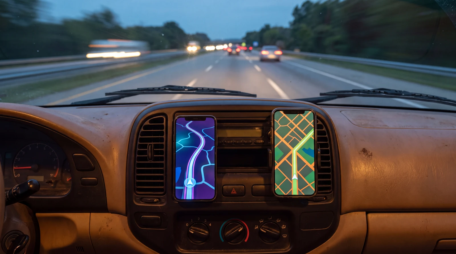 RV dashboard at dusk with two smartphones in vent mounts, each showing a different stylized navigation map with a route line, highway blurred beyond the windshield