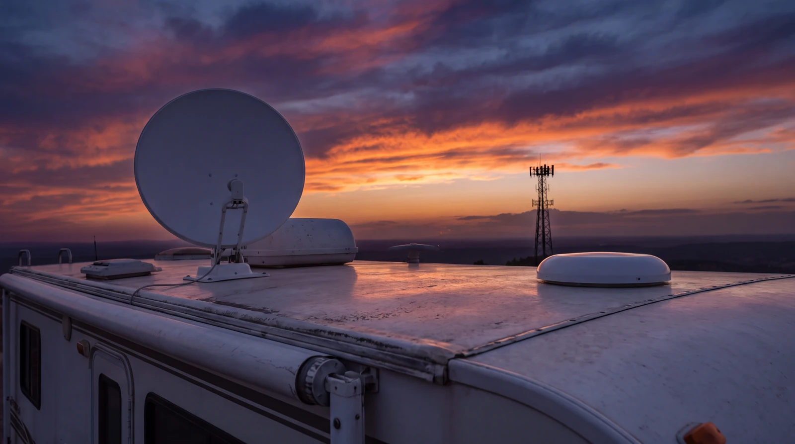 RV roofline at dusk showing a flat satellite dish on one side and a small dome cellular antenna on the other with a distant cell tower on the horizon