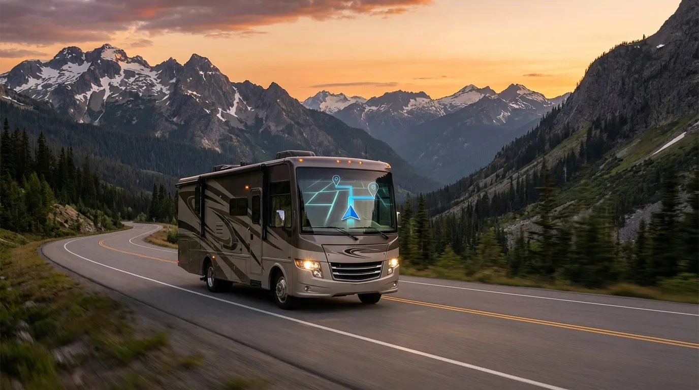 RV driving on scenic mountain highway with sweeping landscape views