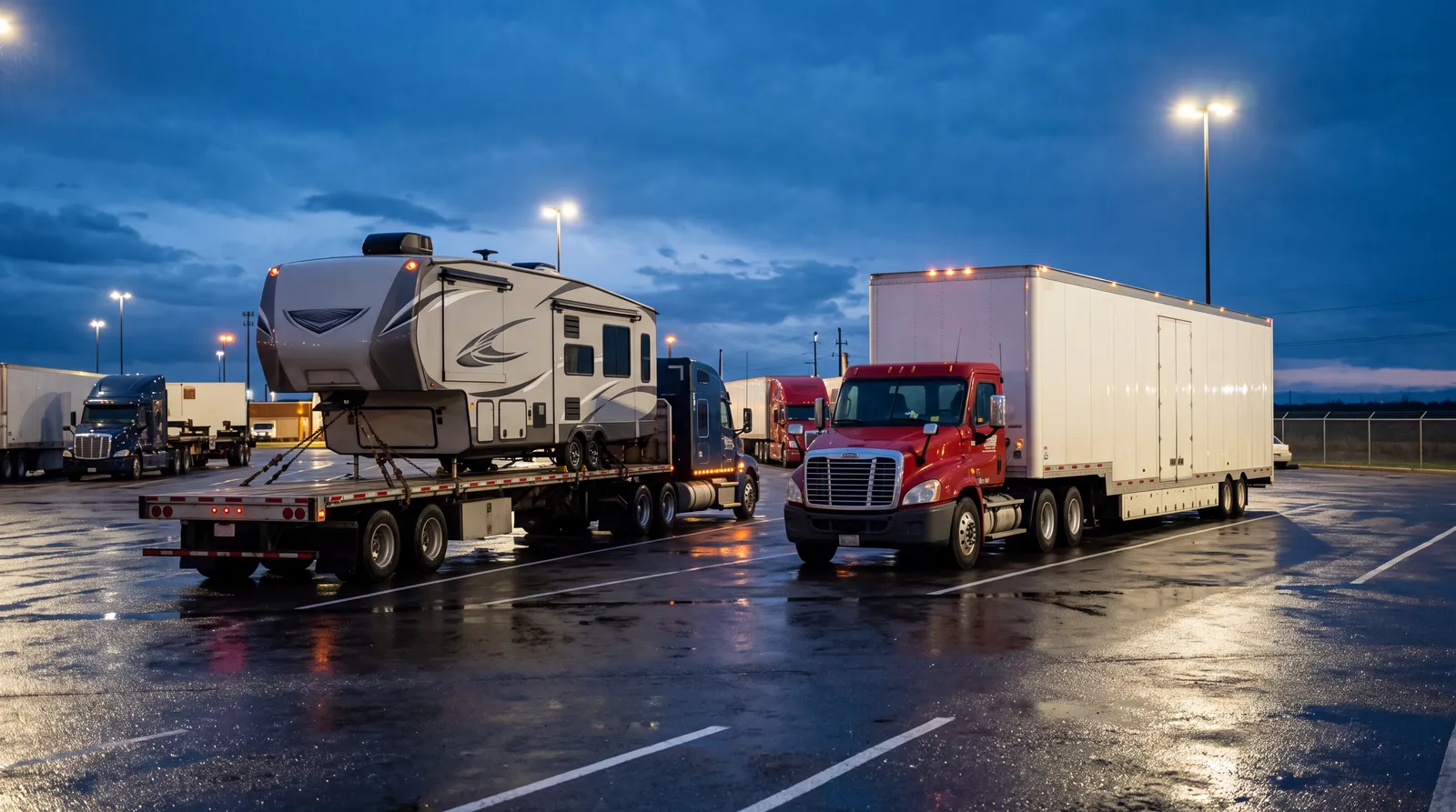 An open flatbed carrying a fifth wheel parked beside an enclosed box transport trailer at a truck stop at dusk