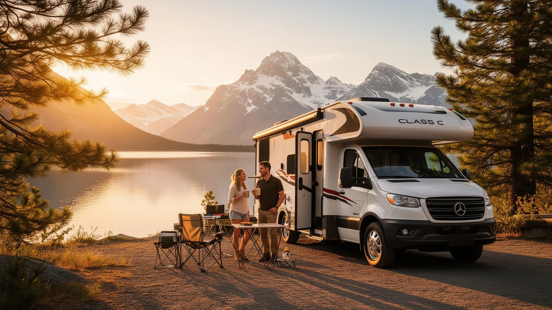 Family enjoying RV vacation with rental motorhome at scenic campground