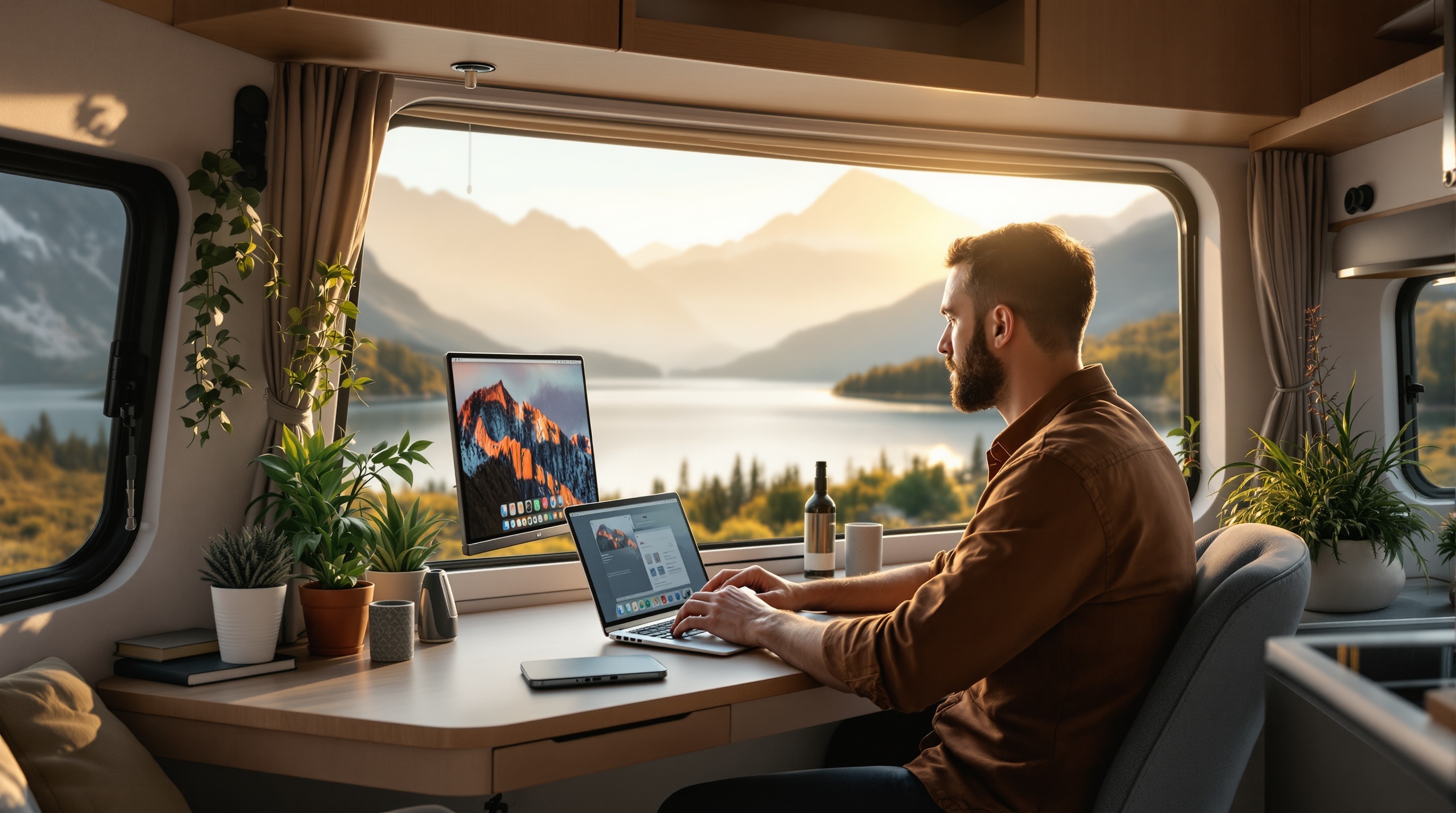 Digital nomad working on laptop inside RV with mountain lake view