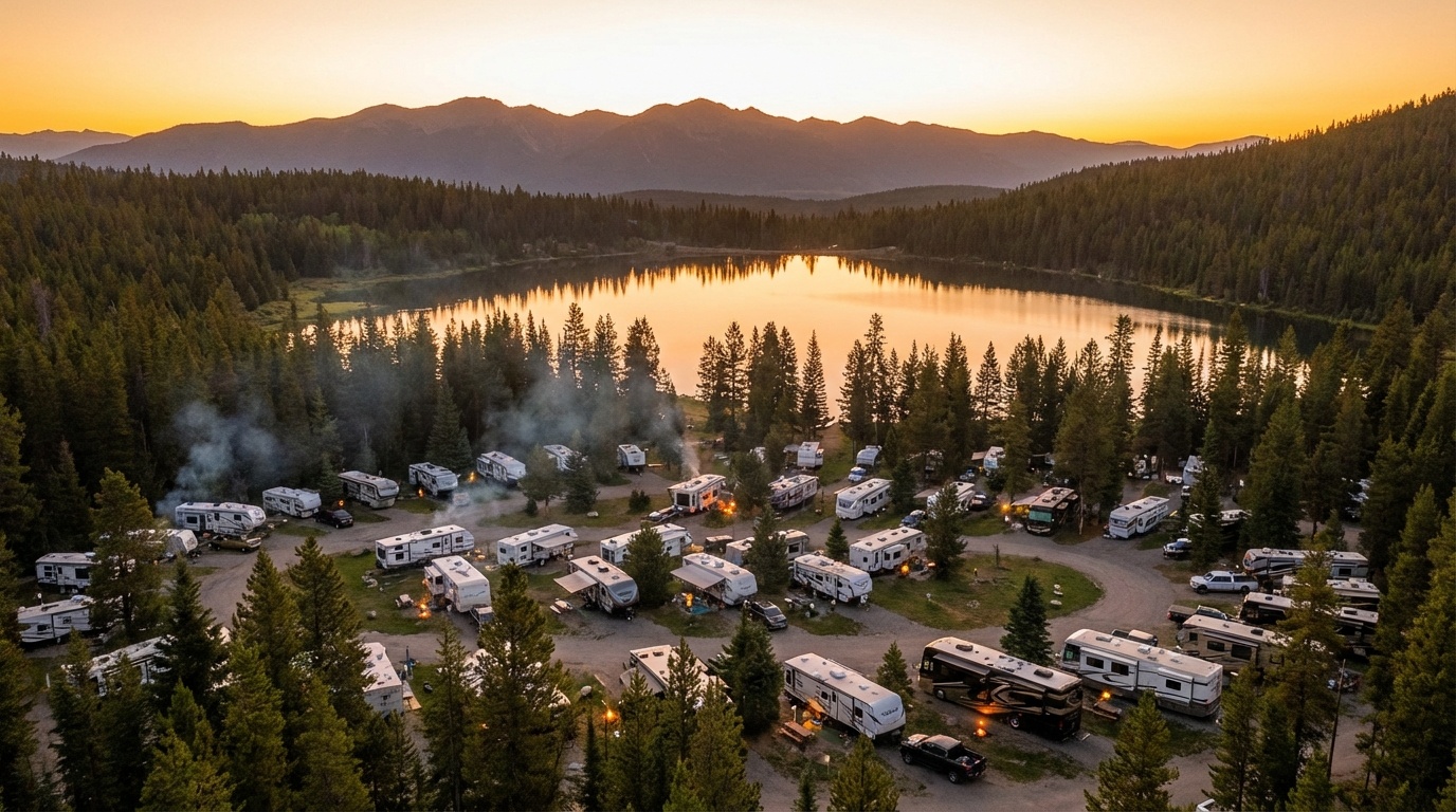 Scenic RV campground with multiple RVs among trees near a lake with mountain views