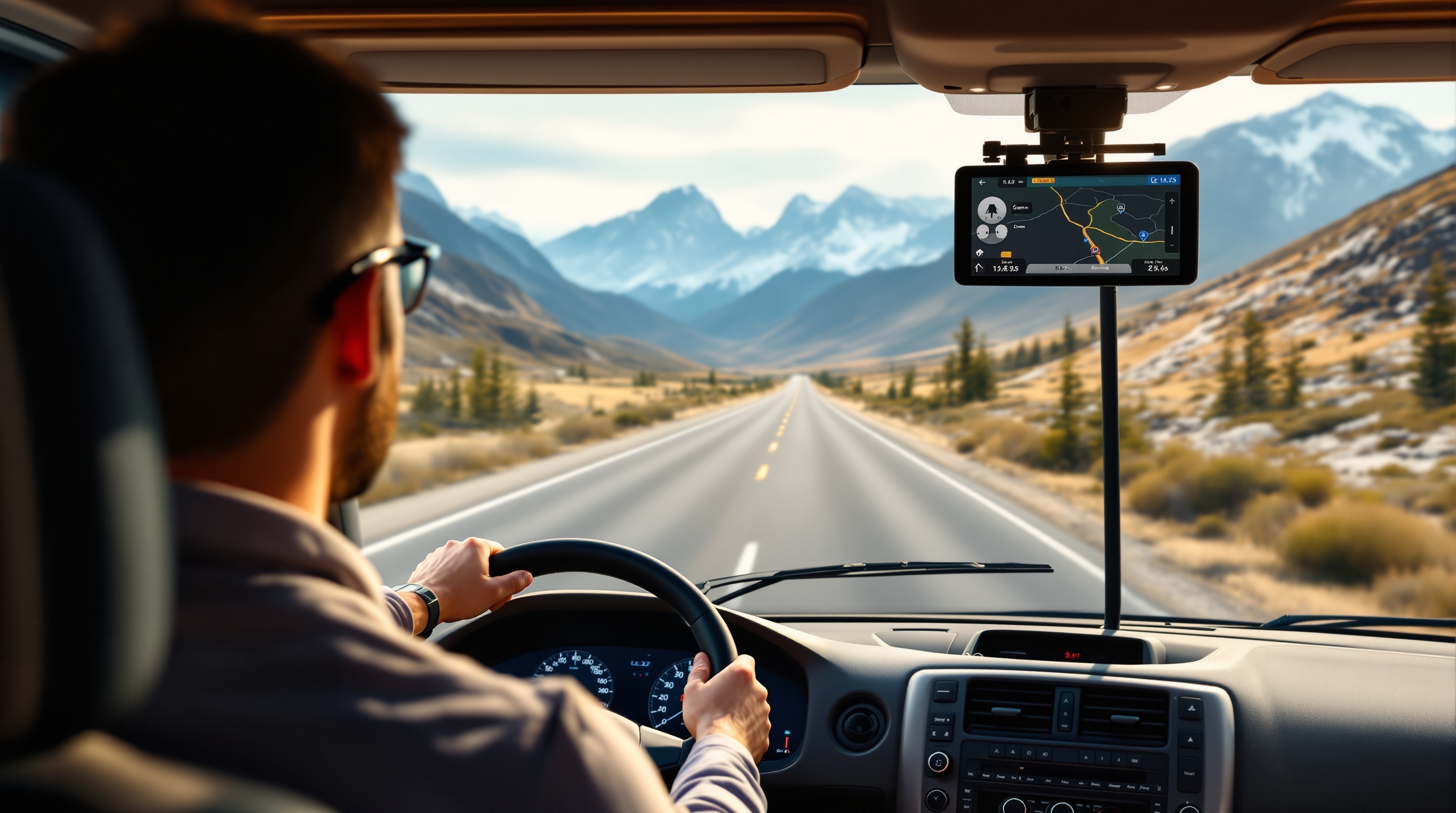 RV cockpit with GPS navigation showing scenic mountain highway