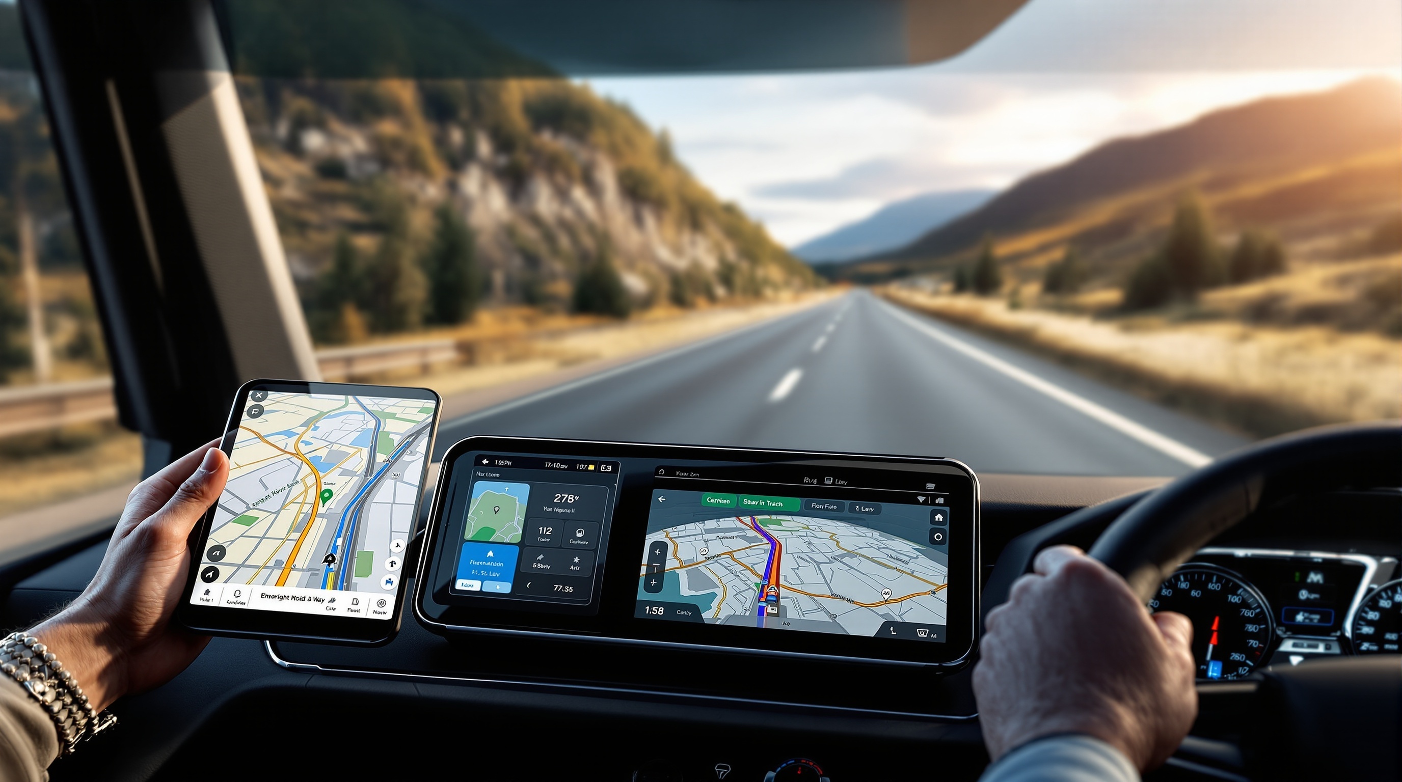 RV navigation app showing safe route through mountains