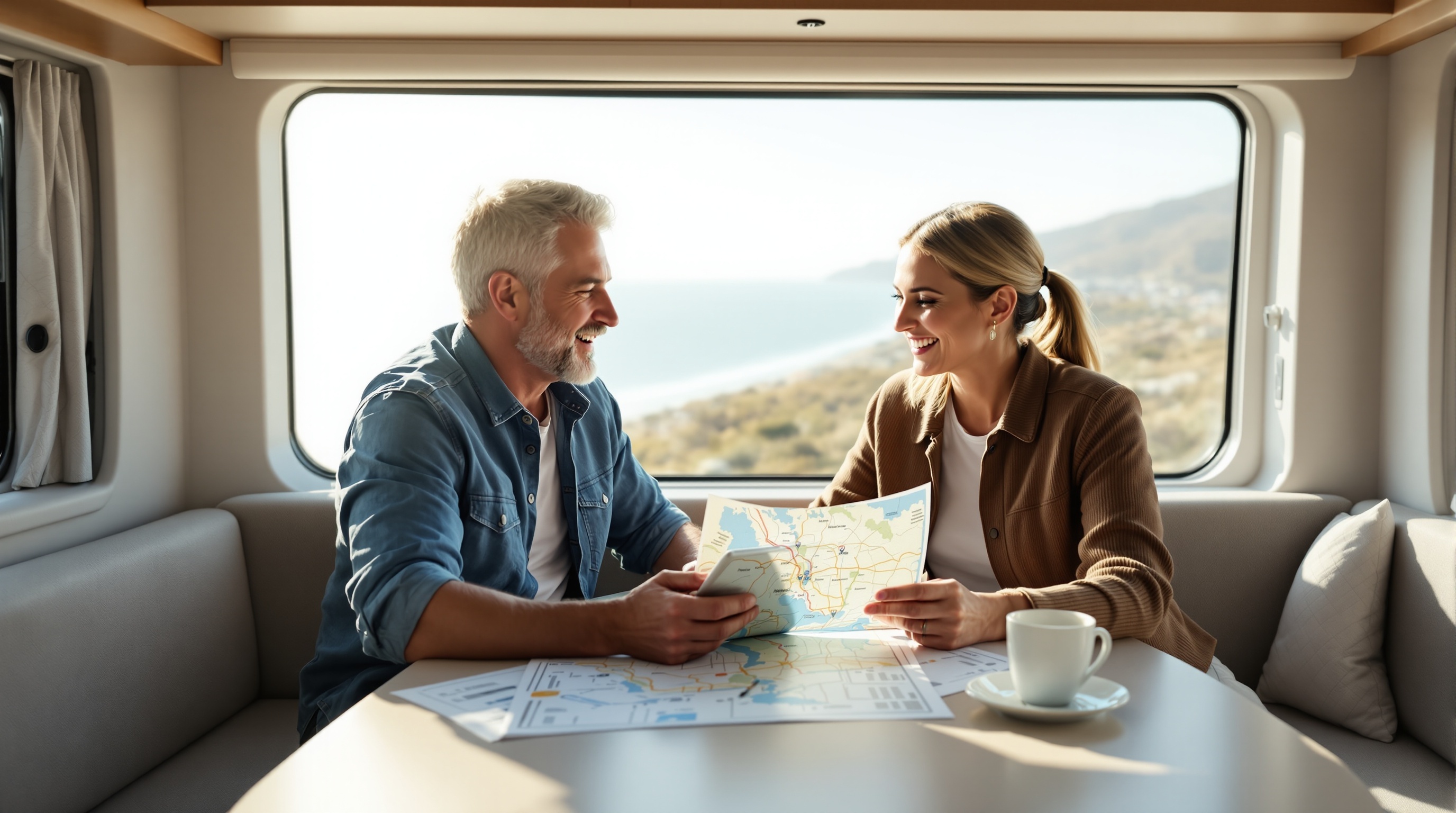 Couple planning RV trip with map and tablet, ocean view through window