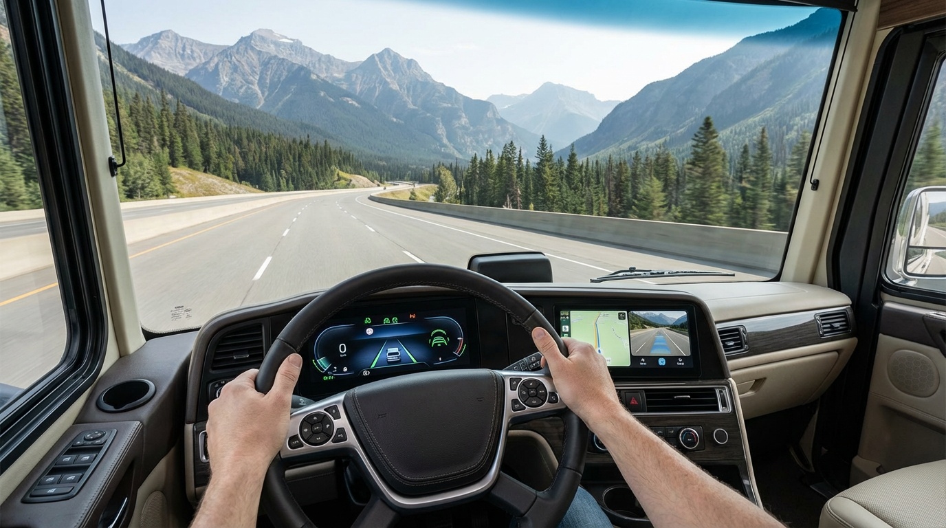 RV dashboard with advanced driver assistance displays and highway view
