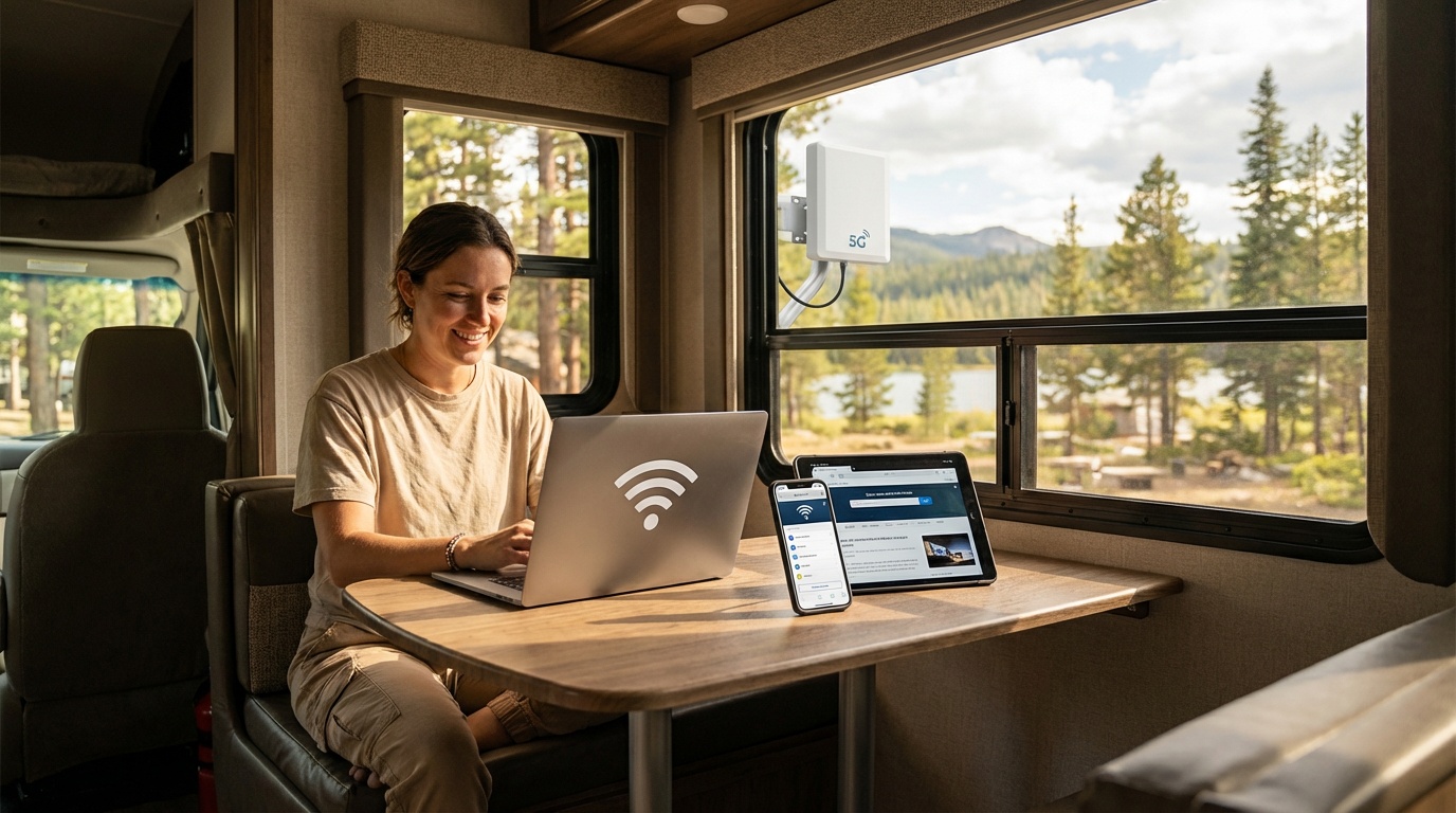 Person working on laptop in RV with strong WiFi connectivity and 5G booster