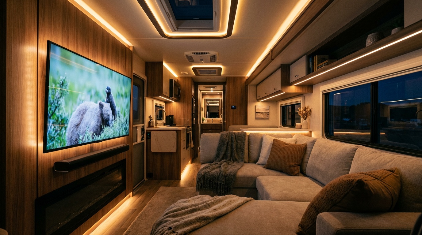 Modern RV living room with large smart TV and entertainment system