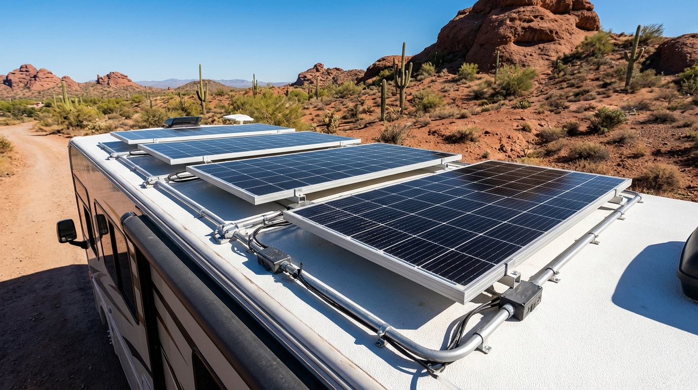 RV roof with solar panels installed in Arizona desert landscape