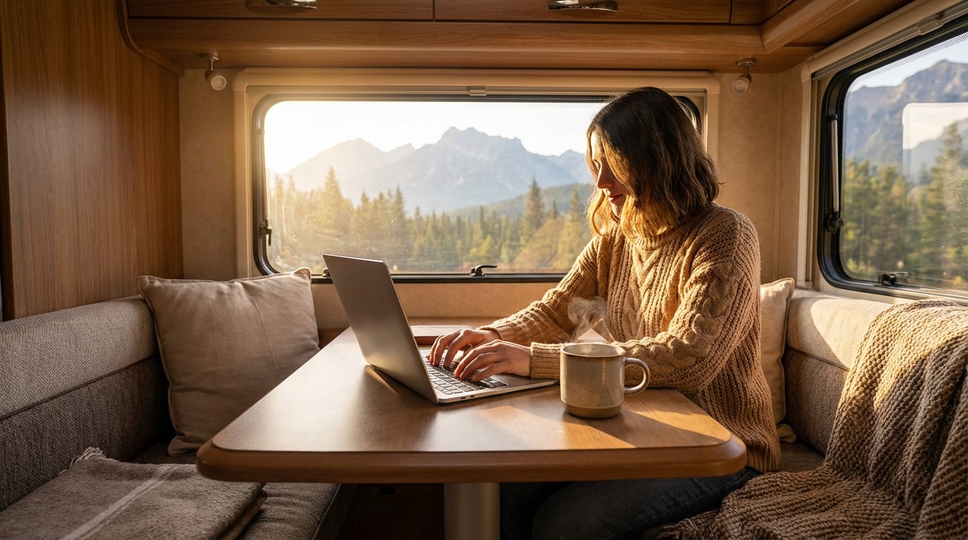 Person working on laptop in cozy RV with scenic mountain view through window