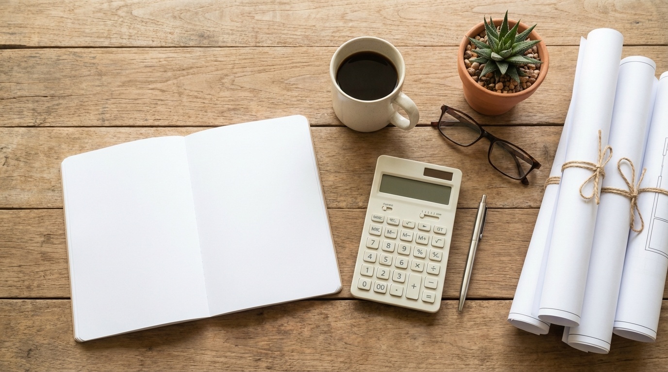 RV planning workspace with calculator, tablet, and solar specifications