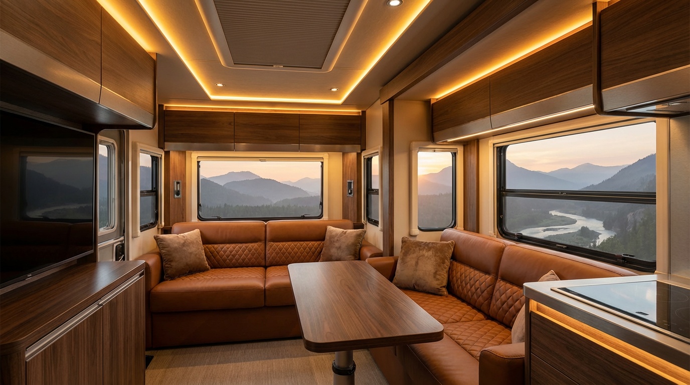 Modern smart RV interior showcasing advanced technology features and control systems
