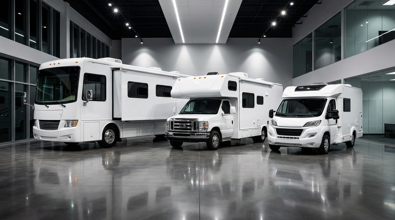 Modern RV models lineup in professional showroom with luxury and adventure class vehicles