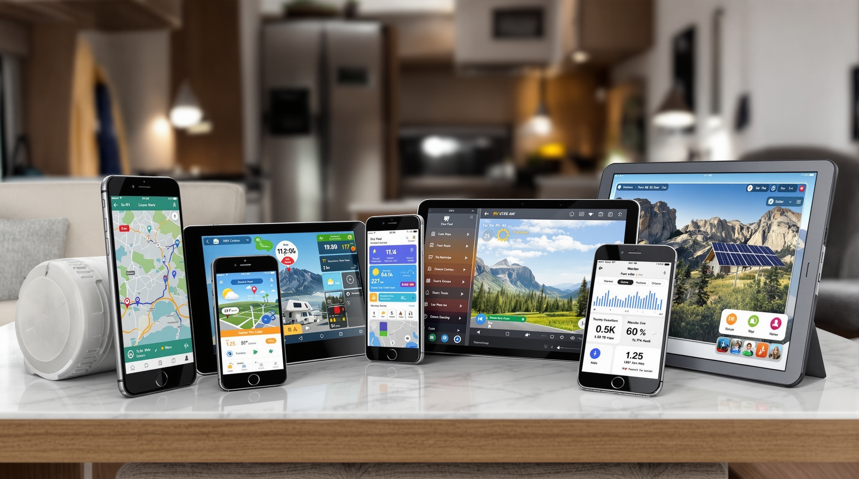 Collection of smartphones and tablets displaying various RV mobile apps