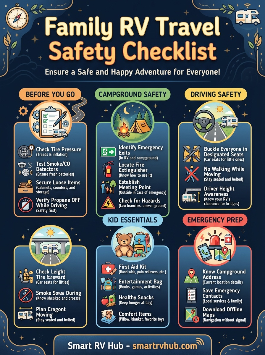Family RV Travel Safety Checklist infographic showing 5 categories: Before You Go (tire pressure, smoke detectors, secure items, propane off), Campground Safety (emergency exits, fire extinguisher, meeting point), Driving Safety (designated seats, no walking while moving, bridge height awareness), Kid Essentials (first aid kit, entertainment, snacks, comfort items), Emergency Prep (campground address, emergency contacts, offline maps)
