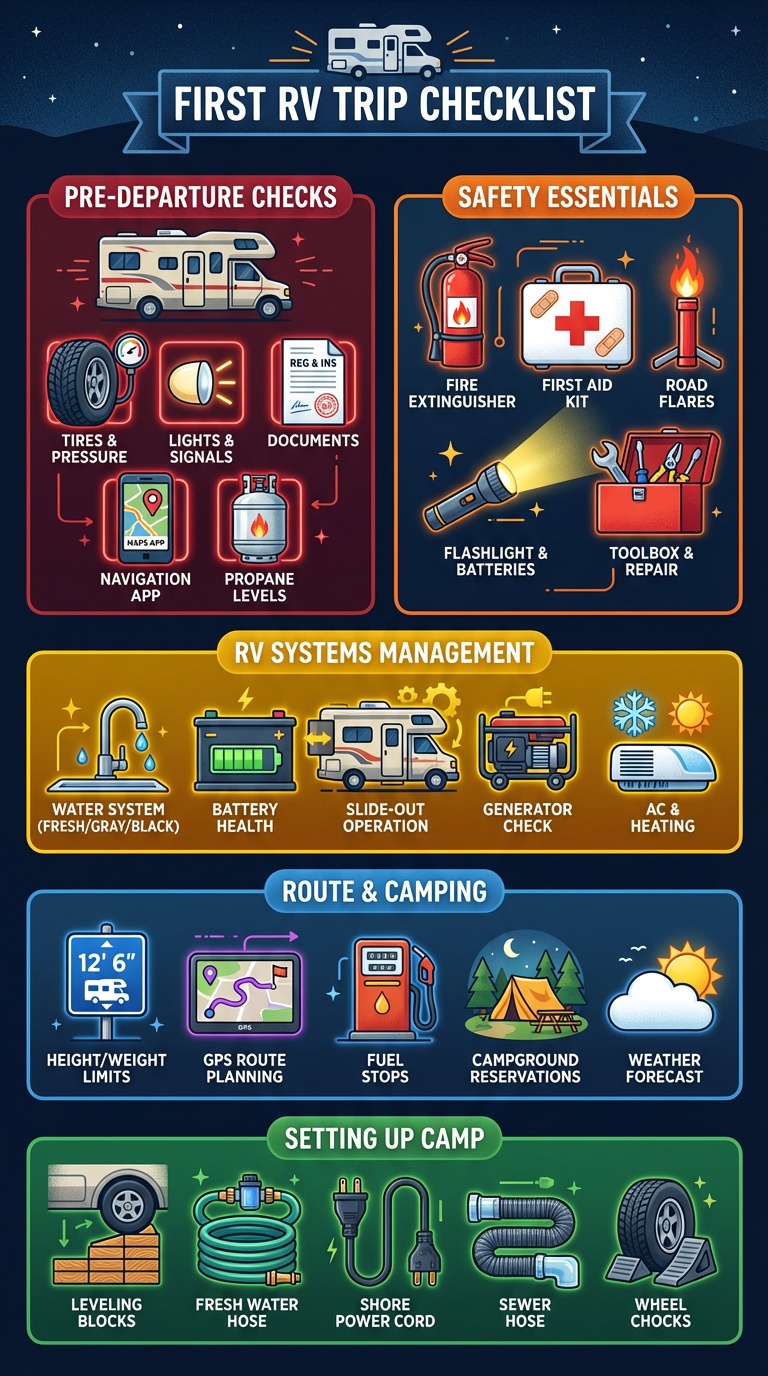 First RV trip planning checklist infographic with essential tips