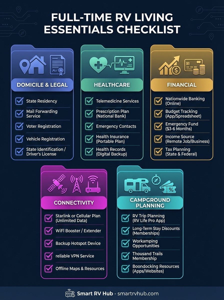 Full Time RV Living Essentials Checklist infographic showing 5 categories: Domicile and Legal (state residency, mail forwarding, voter registration), Healthcare (telemedicine, prescriptions, insurance), Financial (nationwide bank, budget tracking, emergency fund), Connectivity (Starlink or cellular, WiFi booster), and Campground Planning (RV Life Pro app, long term stays, workamping)