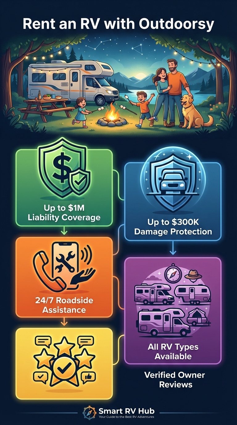 Outdoorsy RV Rentals benefits infographic showing: Up to $1M Liability Coverage, Up to $300K Damage Protection, 24/7 Roadside Assistance, All RV Types Available, and Verified Owner Reviews