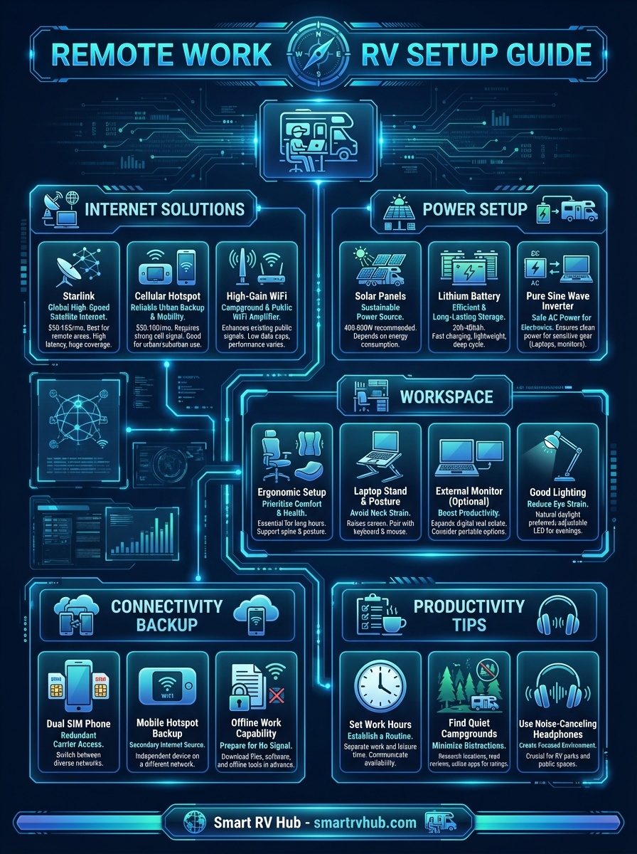 Remote Work RV Setup Guide infographic showing 5 sections: Internet Solutions (Starlink $50-165/mo, Cellular hotspot $50-100/mo, WiFi booster), Power Setup (400-800W solar, 200-400Ah lithium battery, pure sine inverter), Workspace (ergonomic setup, laptop stand, good lighting), Connectivity Backup (dual SIM, hotspot backup, offline capability), Productivity Tips (set work hours, quiet campgrounds, noise-canceling headphones)
