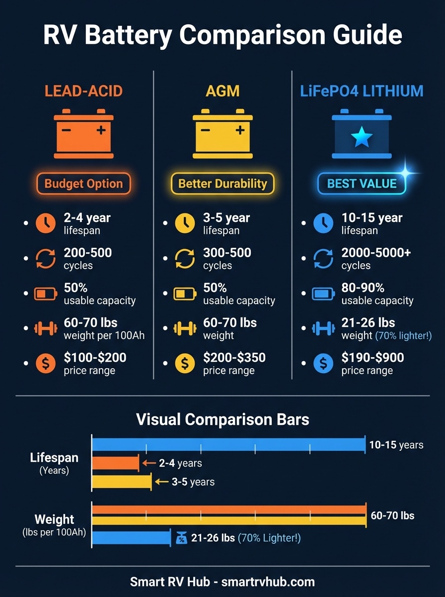RV Battery Comparison Guide infographic comparing Lead Acid (2-4 year lifespan, 200-500 cycles, 50% usable capacity, 60-70 lbs, $100-$200), AGM (3-5 year lifespan, 300-500 cycles, 50% usable capacity, 60-70 lbs, $200-$350), and LiFePO4 Lithium (10-15 year lifespan, 2000-5000+ cycles, 80-90% usable capacity, 21-26 lbs which is 70% lighter, $190-$900, marked as Best Value)