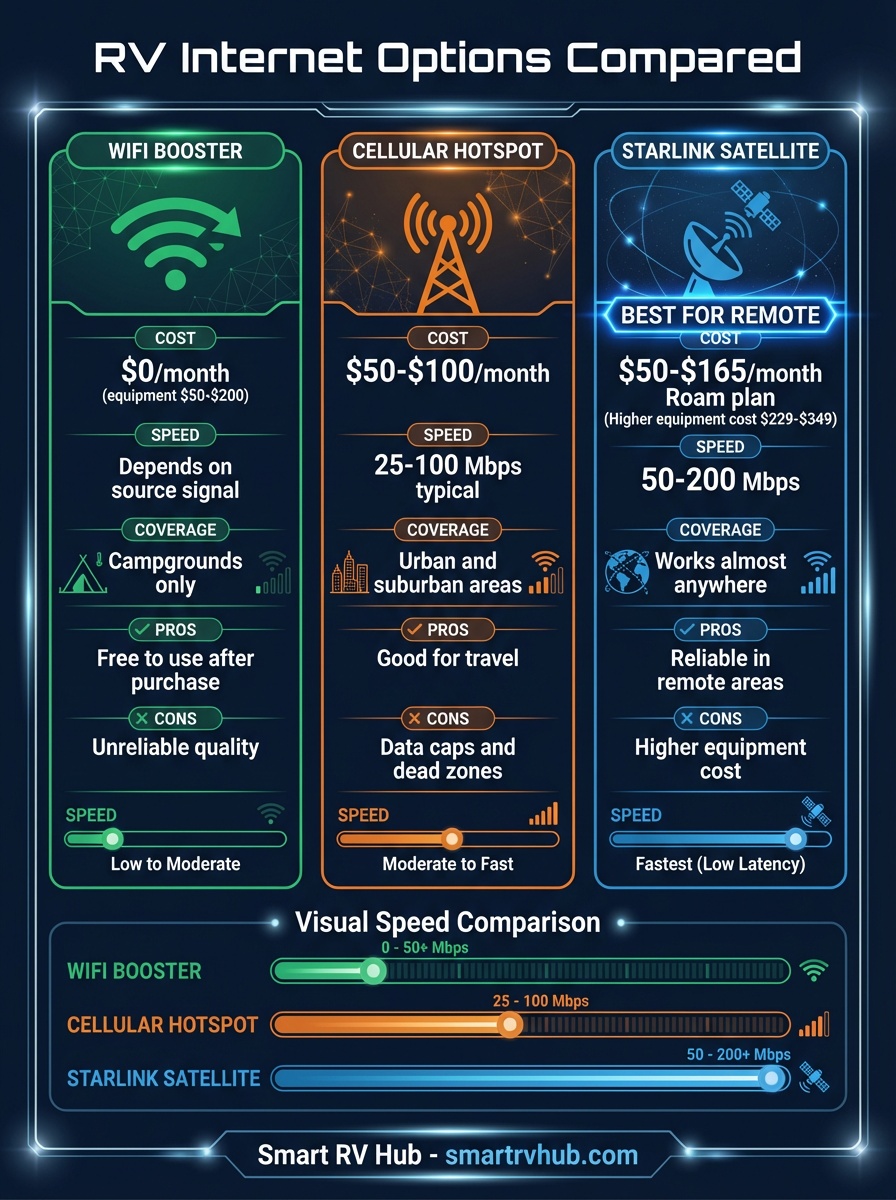 RV Internet Connectivity Comparison infographic comparing WiFi Booster ($0/month, campgrounds only), Cellular Hotspot ($50-100/month, 25-100 Mbps, urban areas), and Starlink Satellite ($50-165/month Roam plan, 50-150 Mbps, works anywhere) with pros and cons for each option