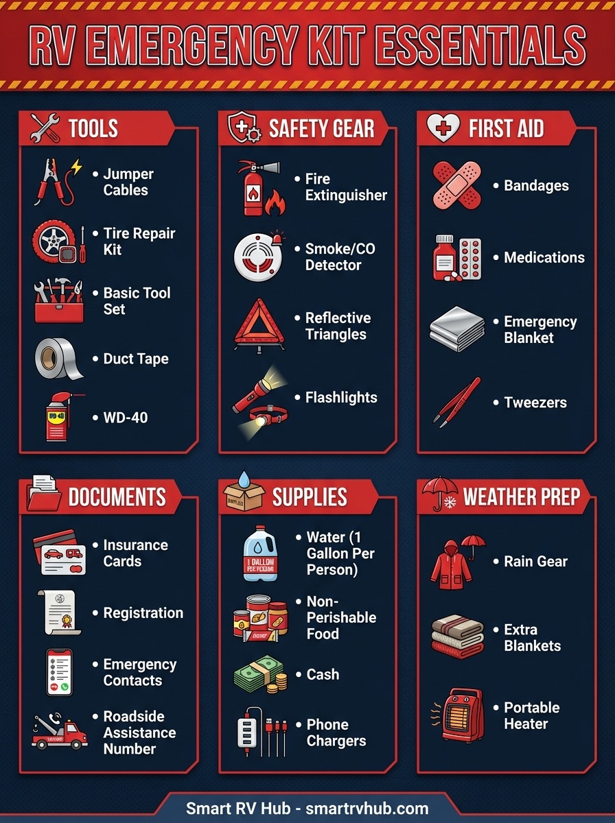 RV Emergency Kit Essentials infographic showing 6 categories: Tools (jumper cables, tire repair kit, basic tools, duct tape, WD-40), Safety Gear (fire extinguisher, smoke/CO detector, reflective triangles, flashlights), First Aid (bandages, medications, emergency blanket, tweezers), Documents (insurance, registration, emergency contacts, roadside assistance number), Supplies (1 gallon water per person, nonperishable food, cash, phone chargers), Weather Prep (rain gear, blankets, portable heater)