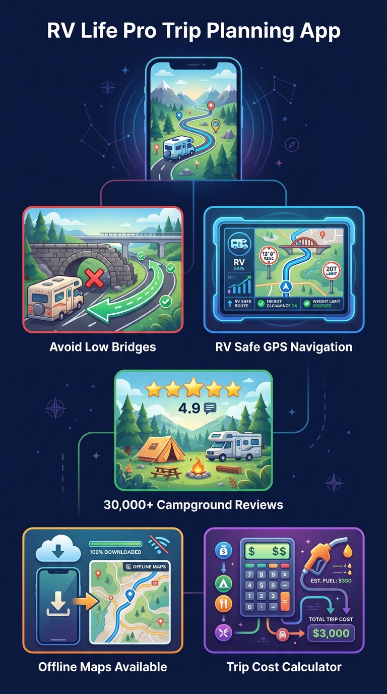 RV Life Pro app features showing trip planning, GPS routing, and campground search