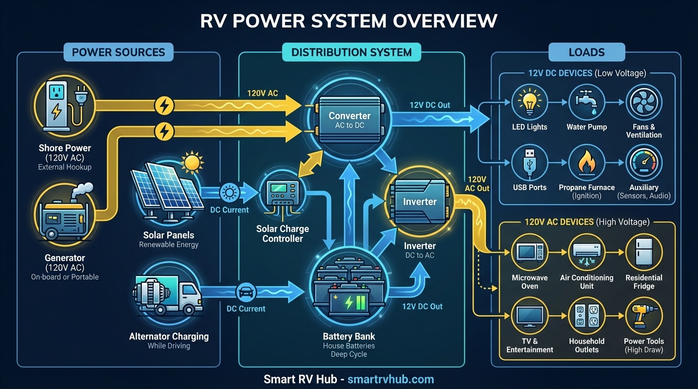 Complete RV power system overview showing solar integration