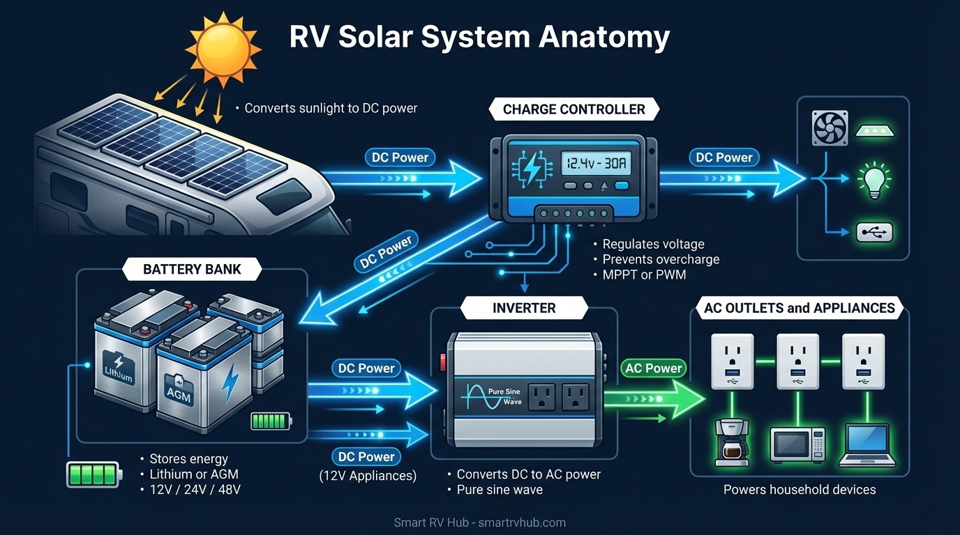 RV solar panel system anatomy showing panels, controller, batteries and inverter