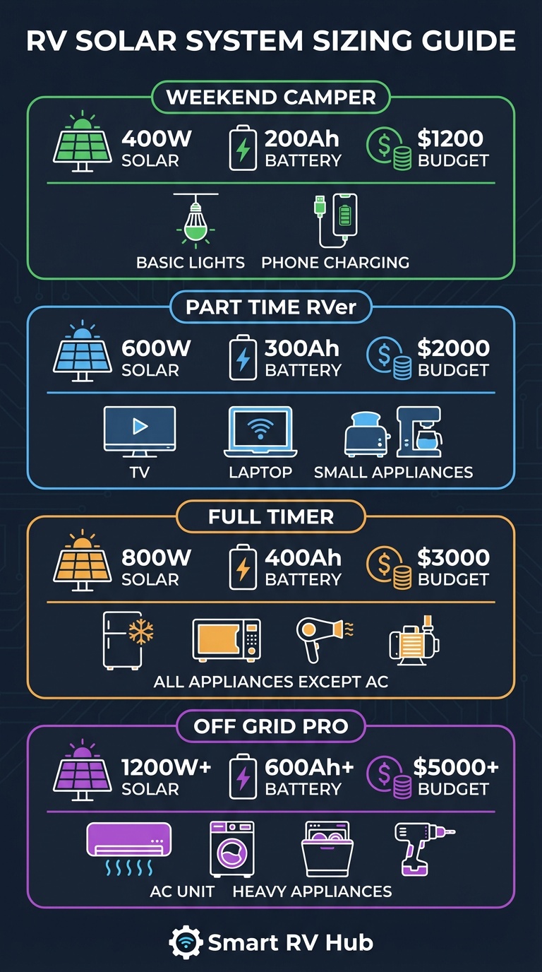 RV Solar System Sizing Guide infographic showing four tiers: Weekend Camper (400W, 200Ah, $1200), Part Time RVer (600W, 300Ah, $2000), Full Timer (800W, 400Ah, $3000), and Off Grid Pro (1200W+, 600Ah+, $5000+)