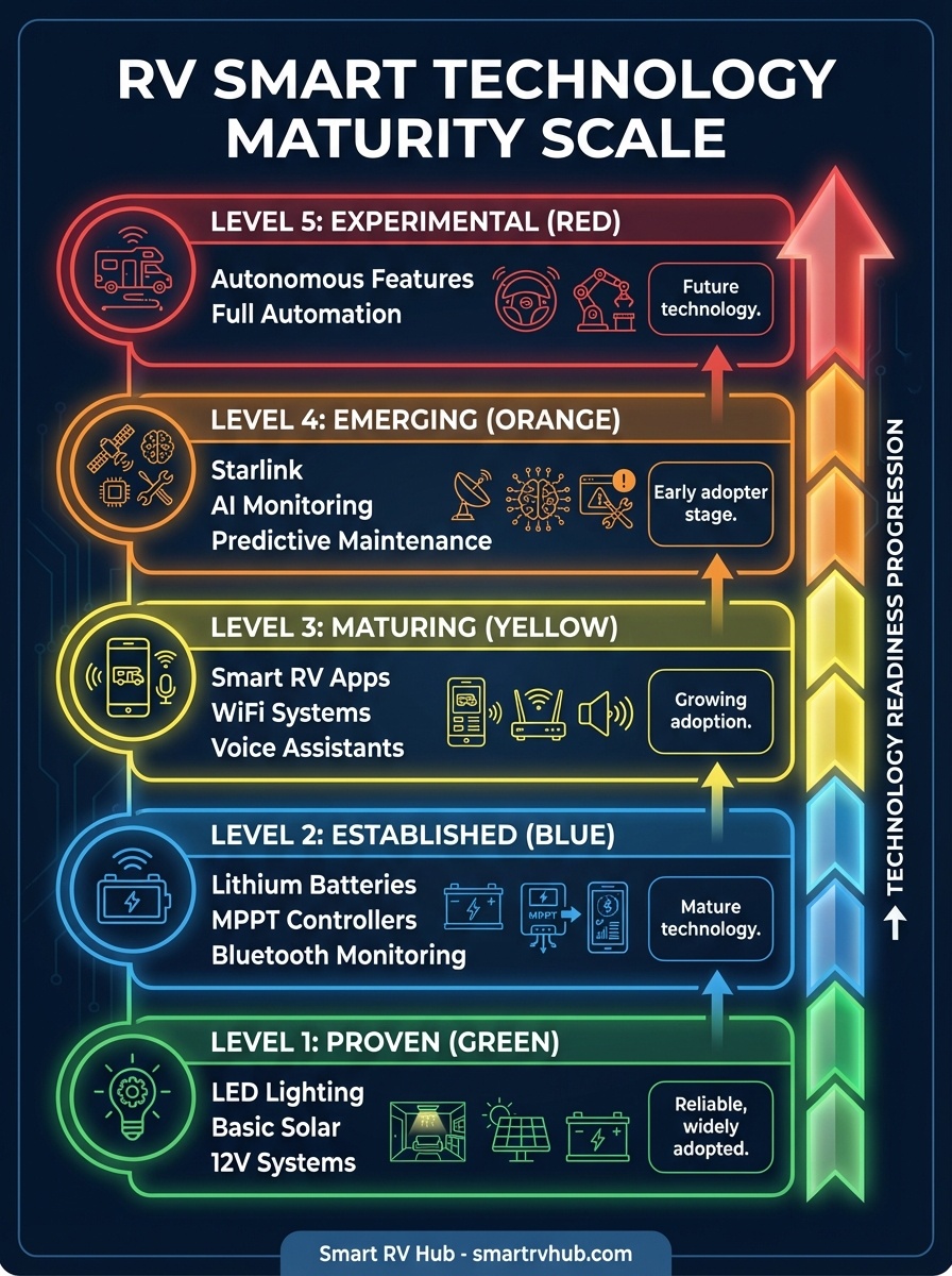 RV Smart Technology Maturity Scale showing 5 levels: Level 1 Proven (LED lighting, basic solar, 12V systems), Level 2 Established (lithium batteries, MPPT controllers), Level 3 Maturing (smart apps, WiFi systems), Level 4 Emerging (Starlink, AI monitoring), Level 5 Experimental (autonomous features)