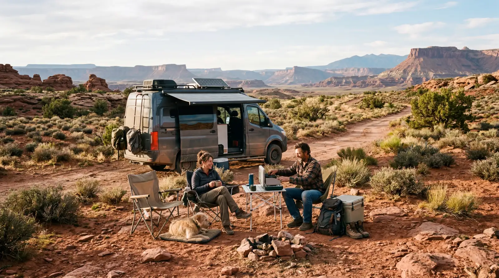 Couple enjoying dispersed camping on BLM land with their adventure RV in the American Southwest