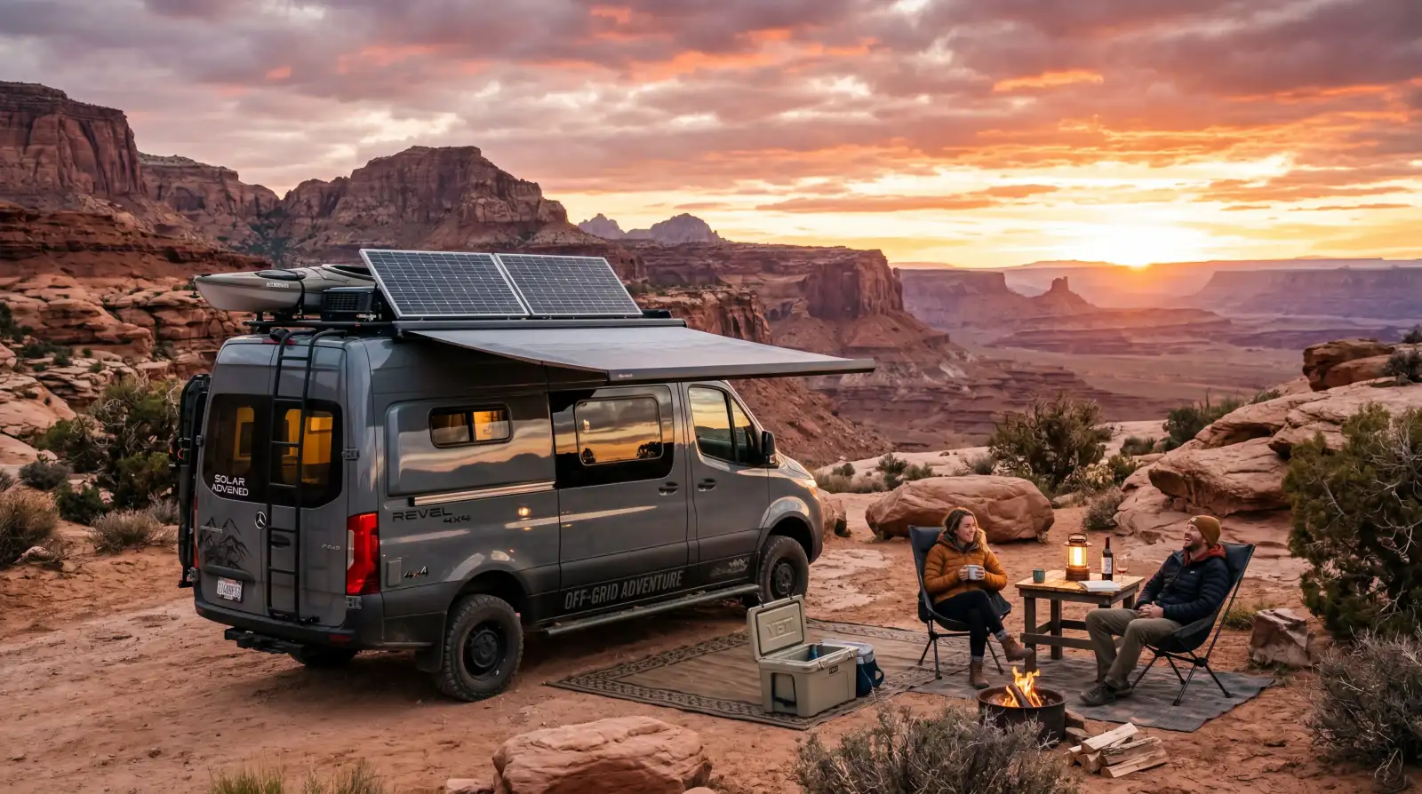 Off-grid adventure RV with solar panels at a remote desert boondocking campsite at sunset