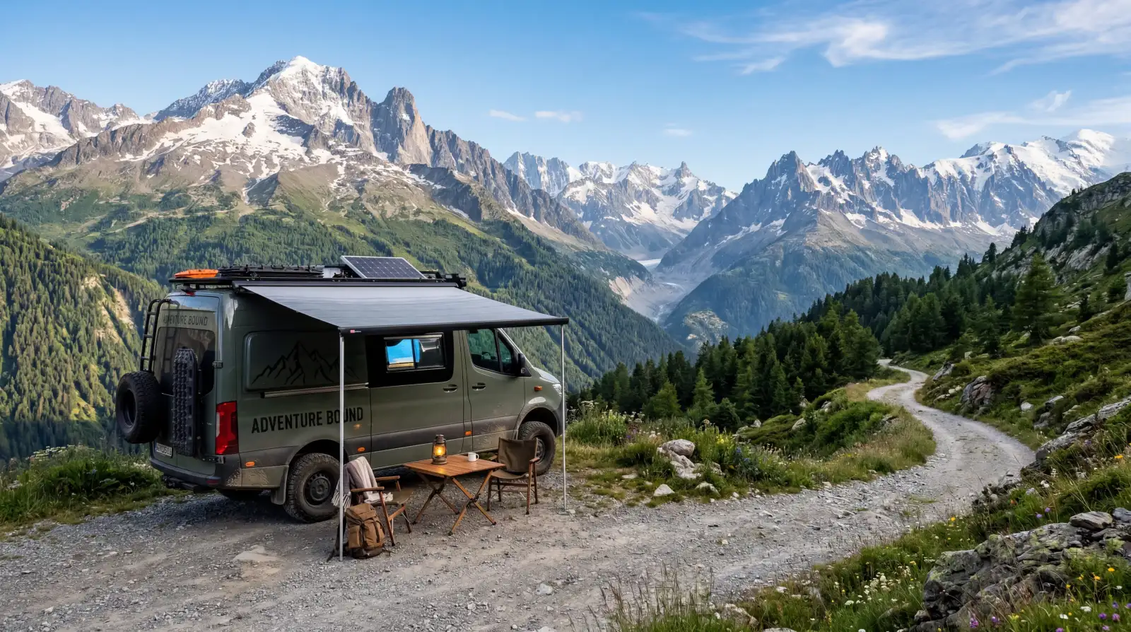 Adventure motorhome on a scenic mountain trail with extended awning and outdoor living setup