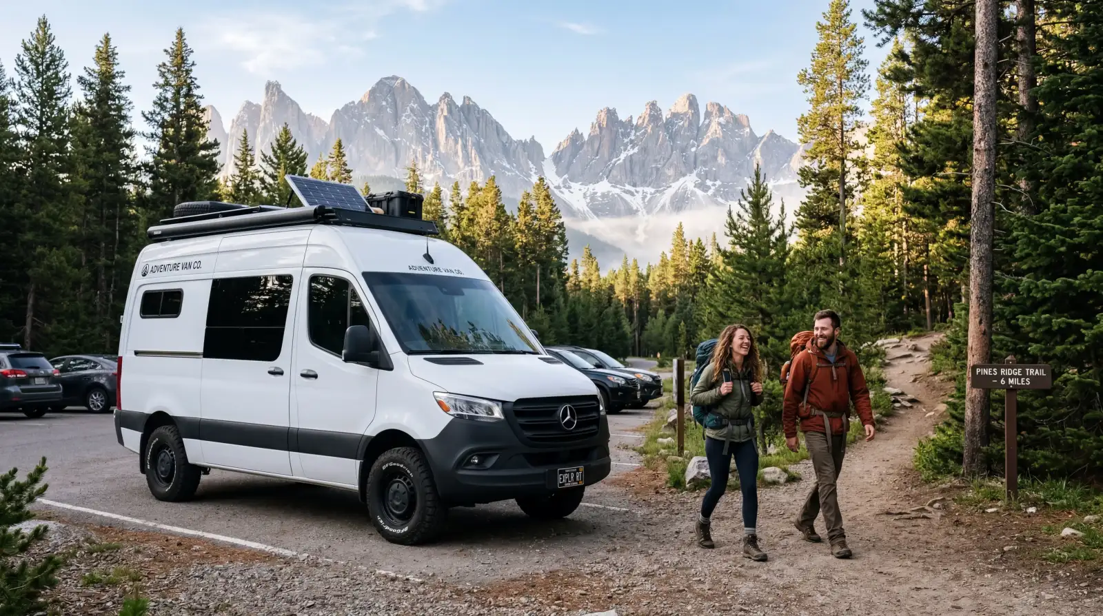 Compact Class B campervan parked at a national park trailhead with hikers departing for a day hike