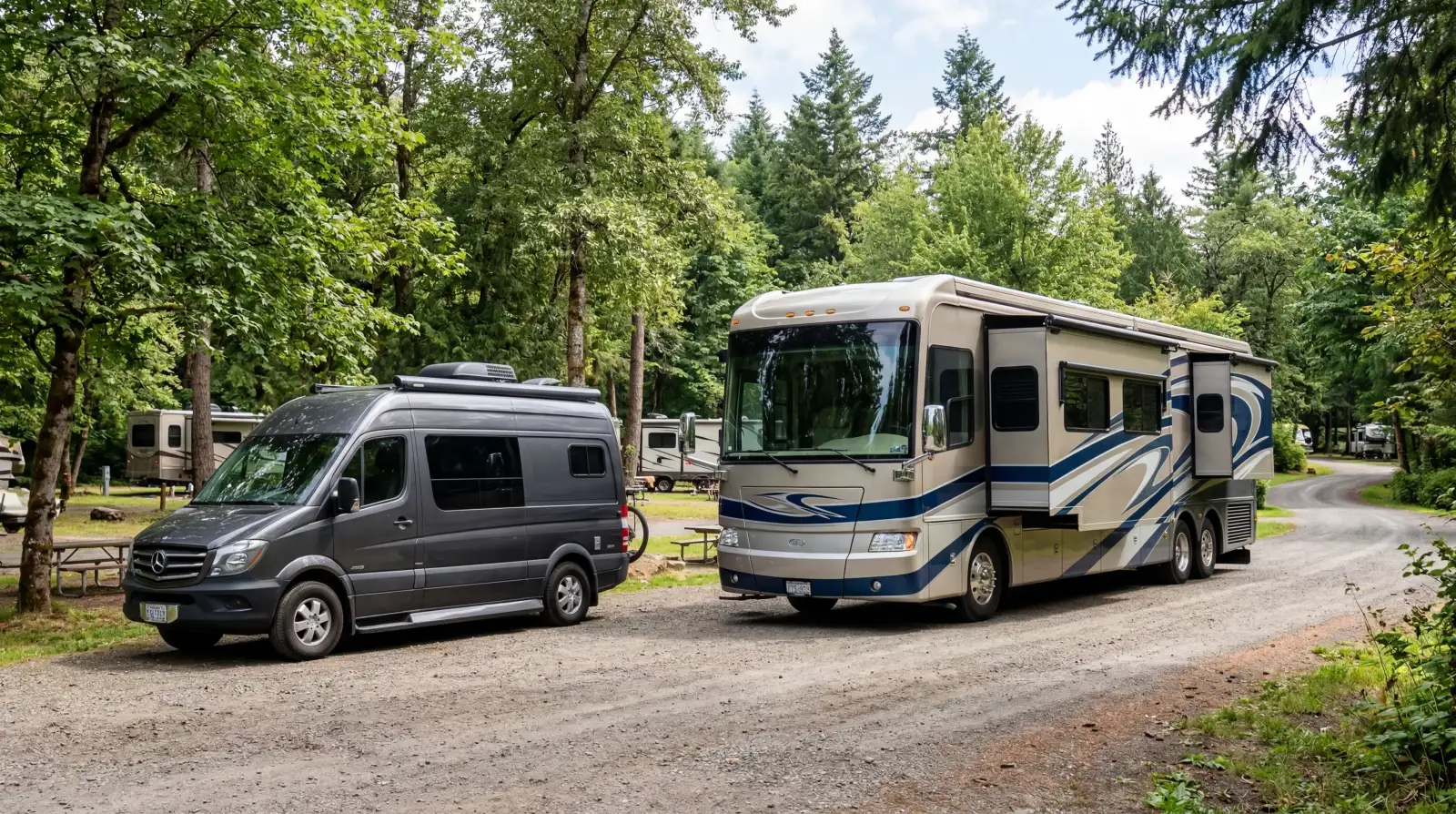 Size comparison of a compact campervan next to a full-size Class A motorhome on a campground road