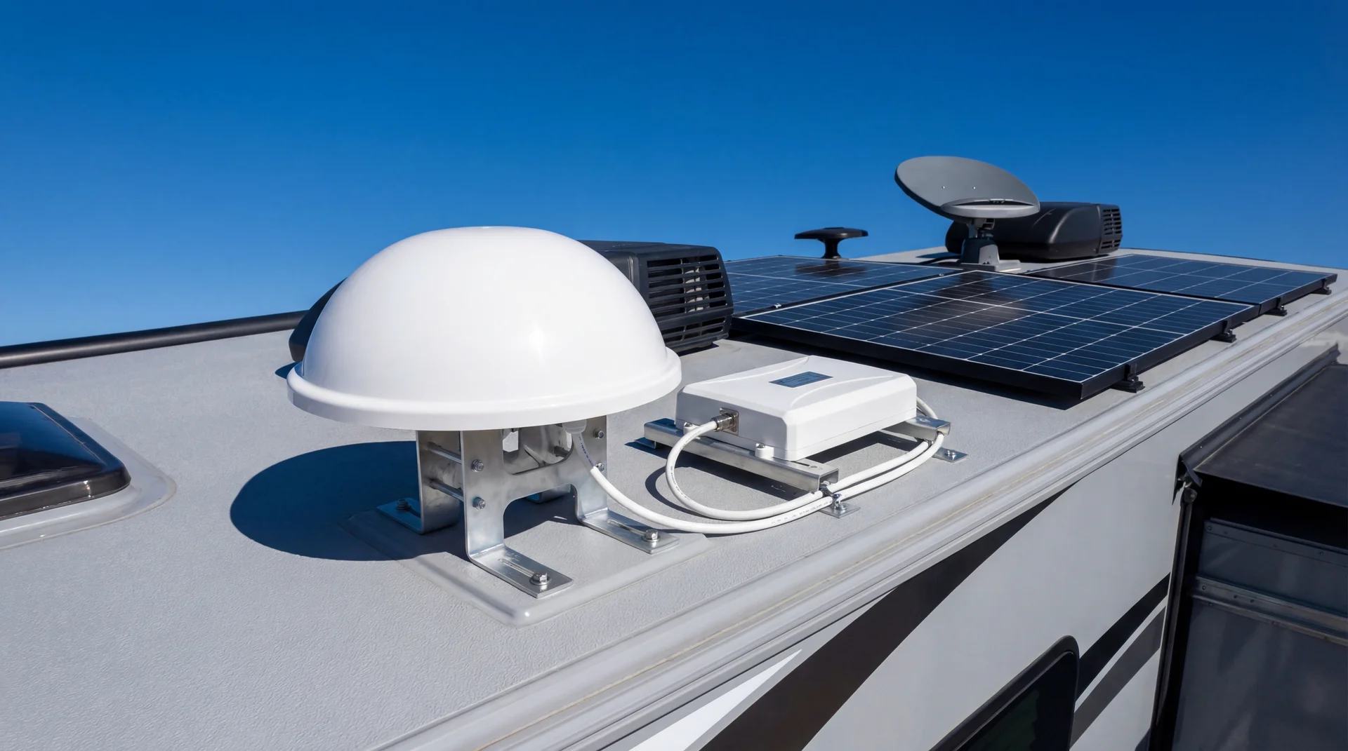 WiFi antenna and cellular signal booster mounted on RV roof