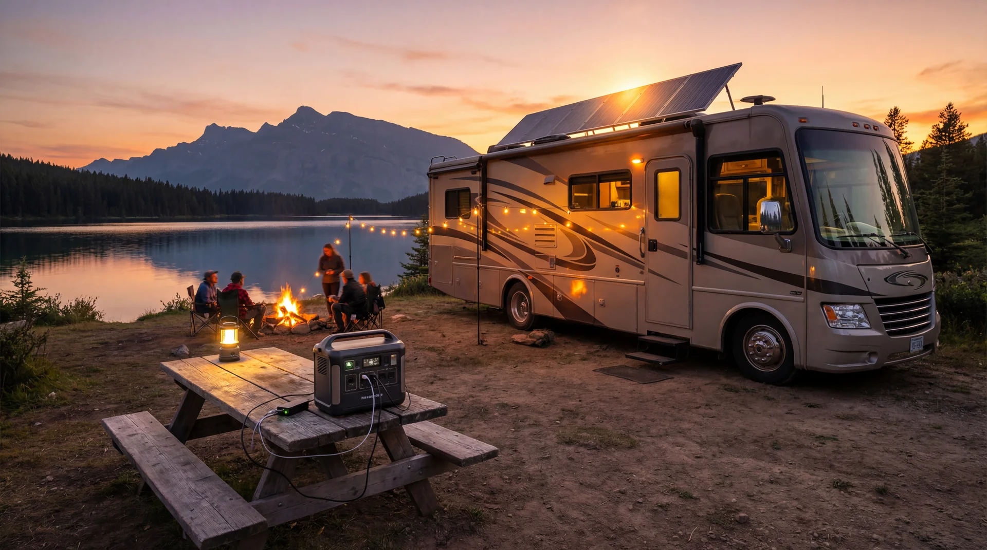 Off-grid RV campsite at sunset with solar panels and portable power station