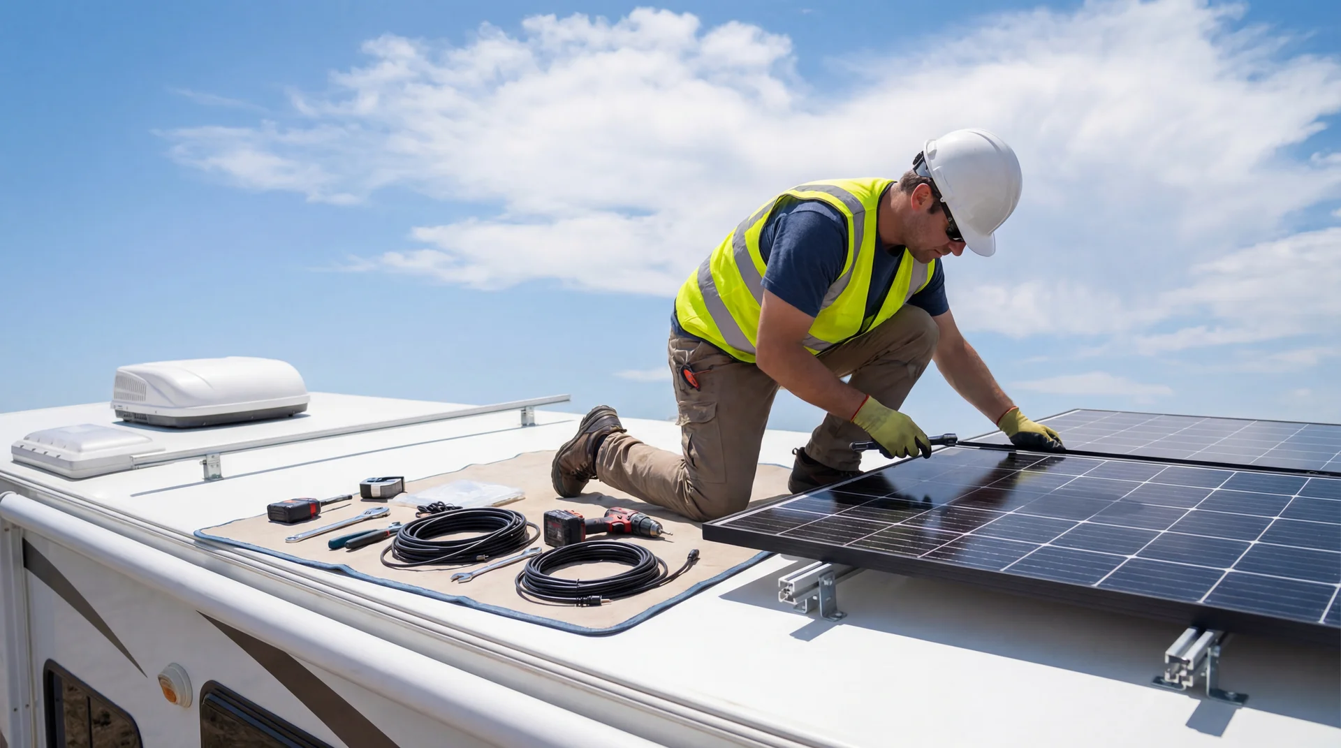 Certified technician installing solar panels on RV roof