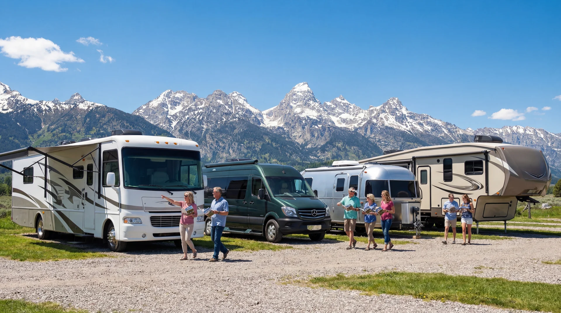 Variety of recreational vehicles at scenic RV rental lot with mountain backdrop