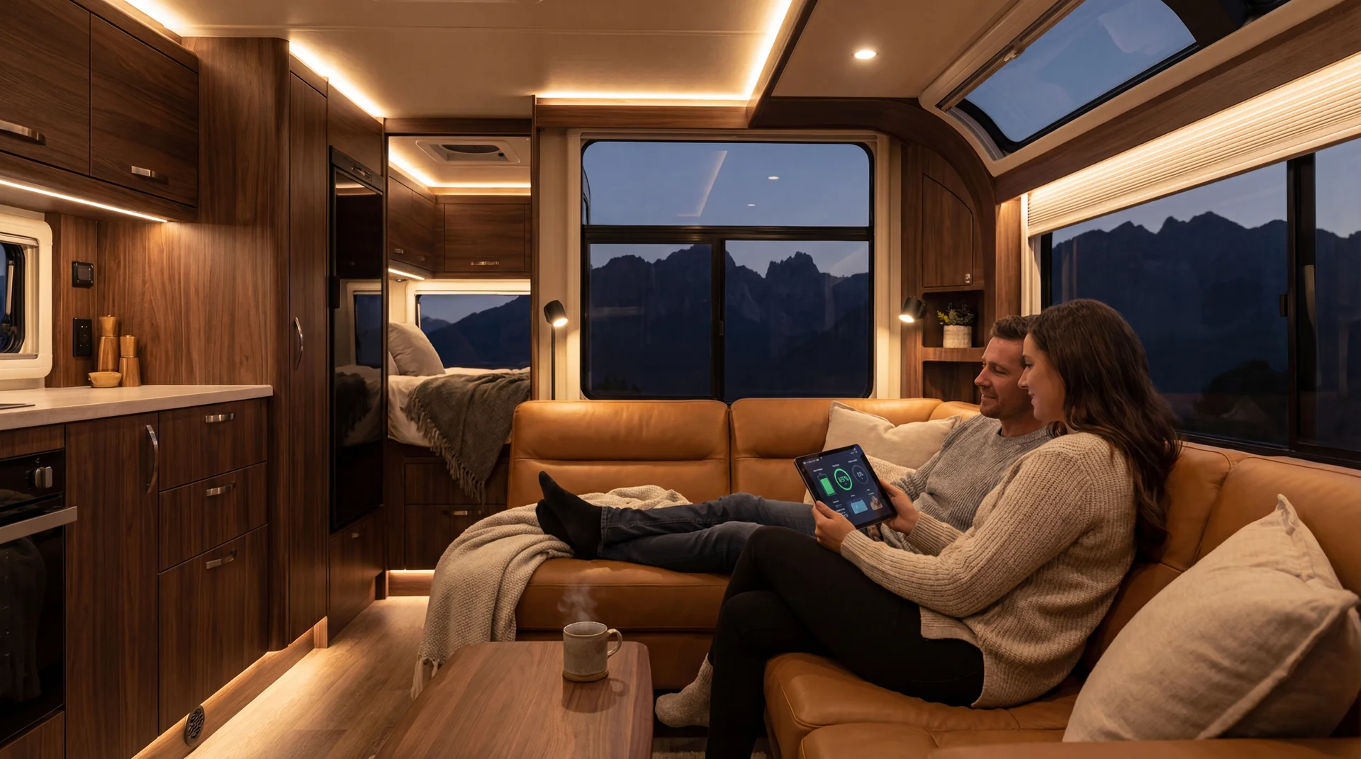 Modern RV interior with smart technology controls and comfortable living space