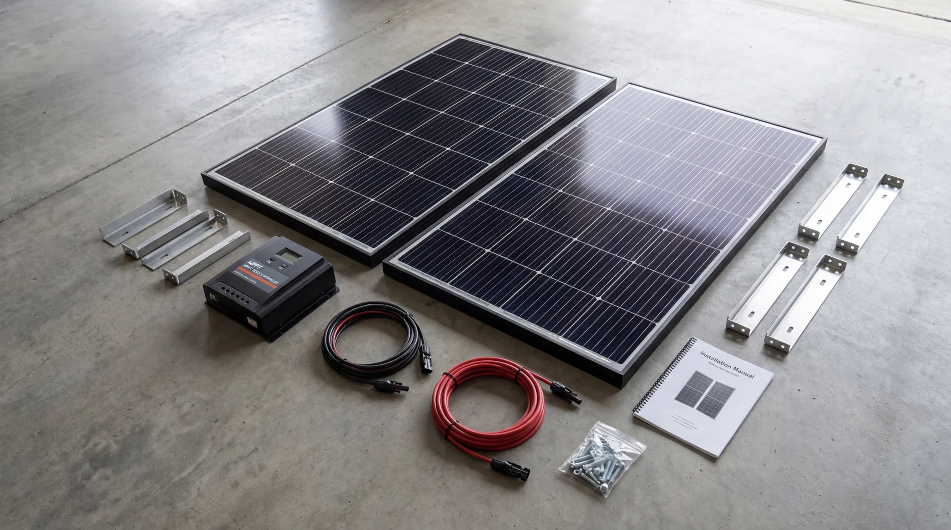 Complete RV solar panel kit with panels, charge controller, mounting brackets, and wiring