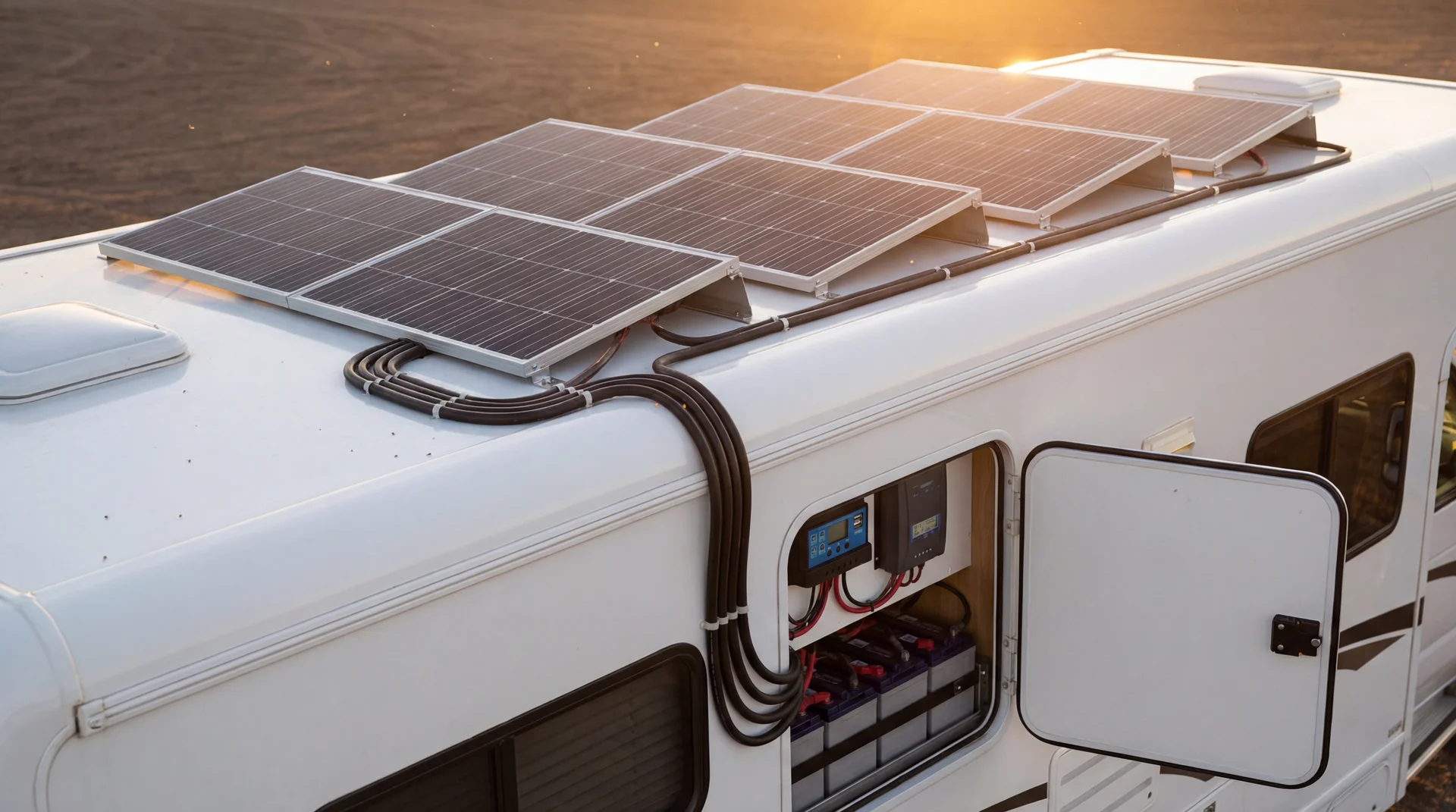 RV rooftop solar panel array with charge controller and battery bank installation