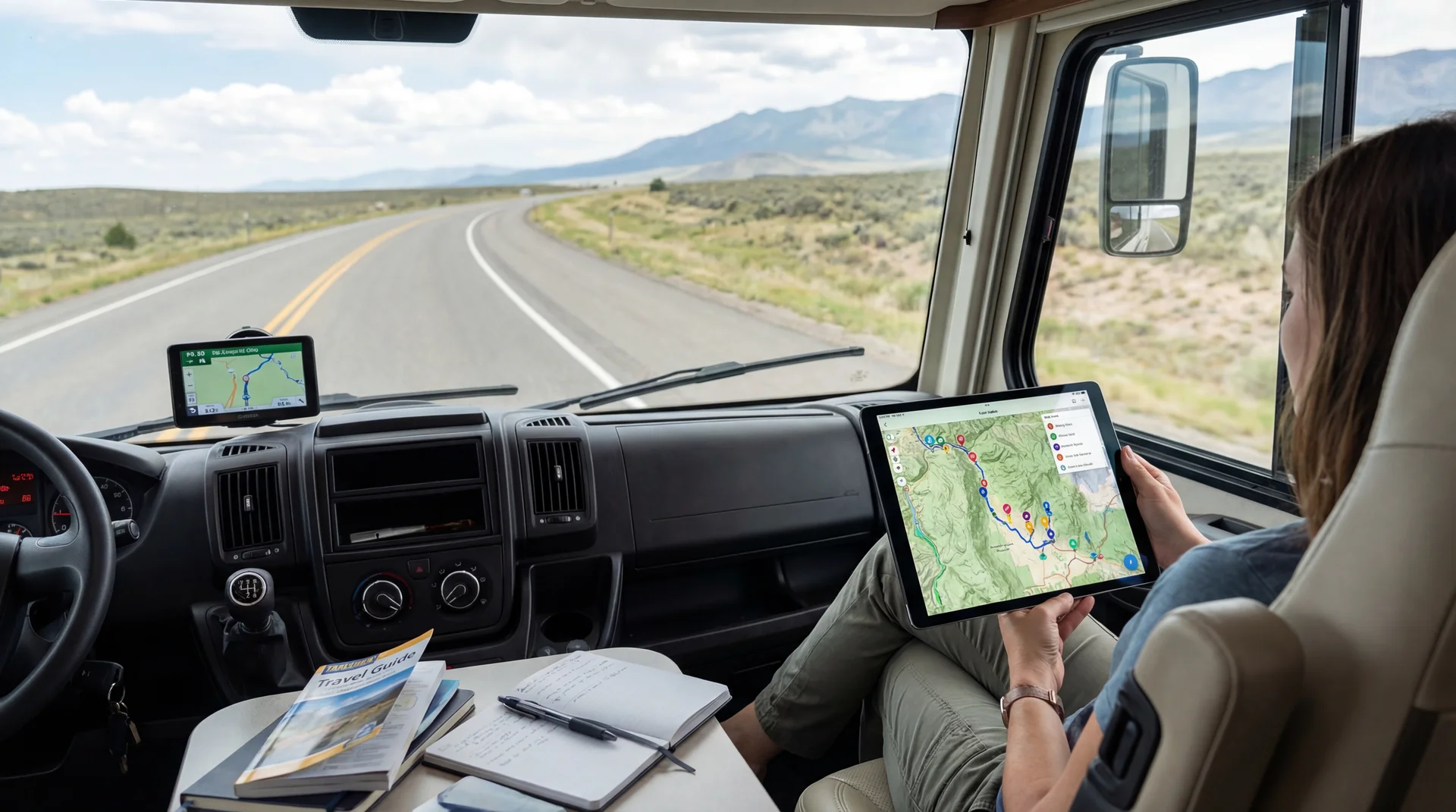 Person planning RV trip route on tablet with scenic highway visible through windshield