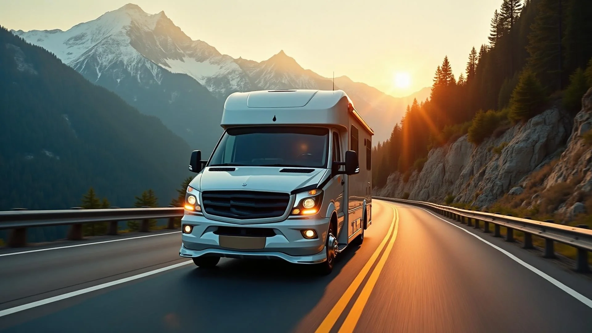 A motorhome driving a mountain road at sunset