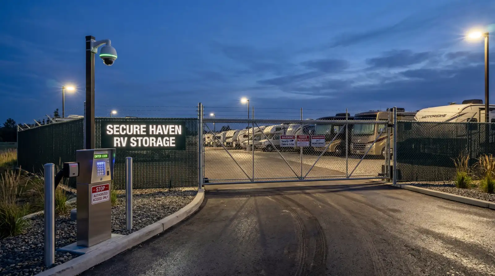 Secure RV storage facility entrance with electronic keypad access, security camera, and LED lighting at dusk