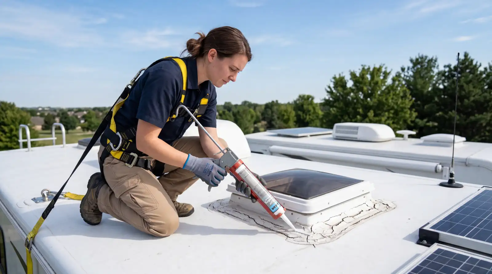 RV owner inspecting and resealing roof sealant around a vent before long-term storage