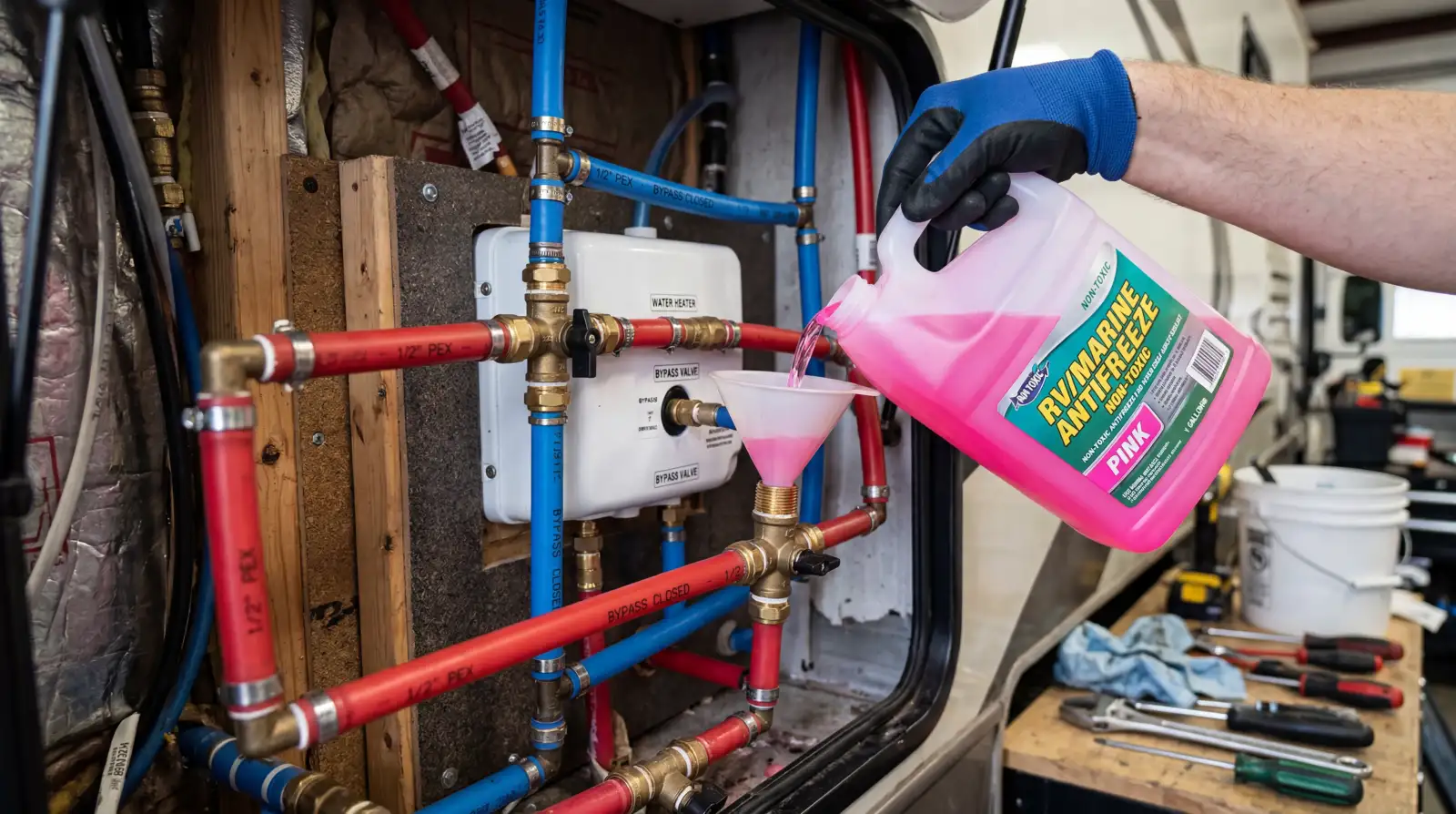Pouring non-toxic RV antifreeze through a water system bypass valve during winterization preparation